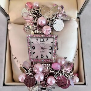 NWT Vecceli Italy Clustered Beads & Rhinestones Bracelet Wristwatch Pink OS